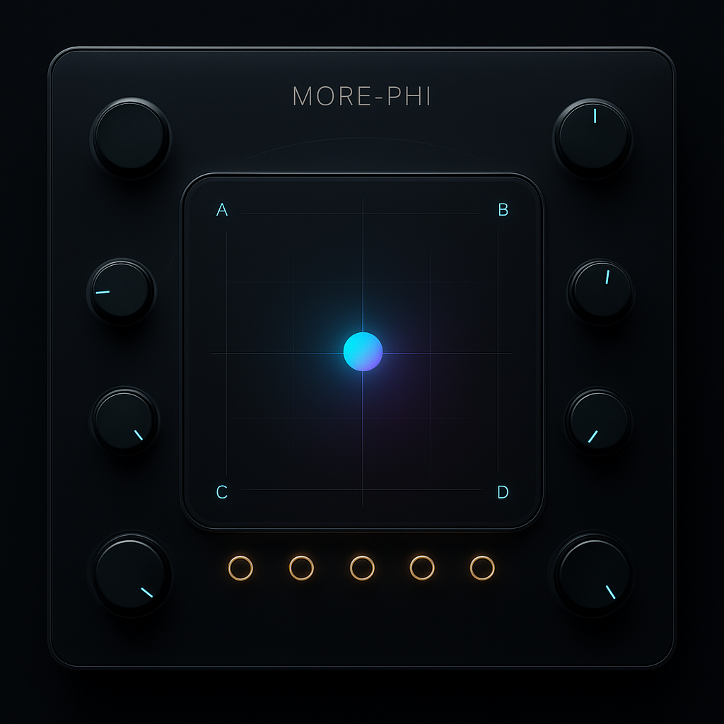 More-Phi plugin interface showing the 2D morph pad surrounded by rotary dials and a 12-slot snapshot ring